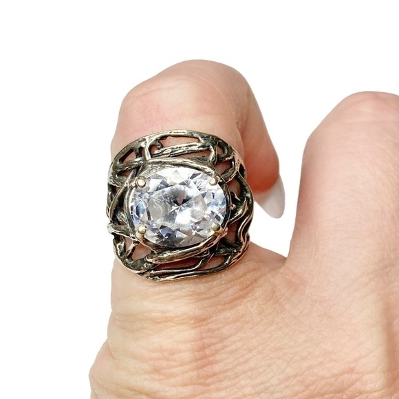 RARE Sterling Silver 925 Woven Branch Nest & Crystal CZ Boho Cocktail Ring 7 - Picture 14 of 14